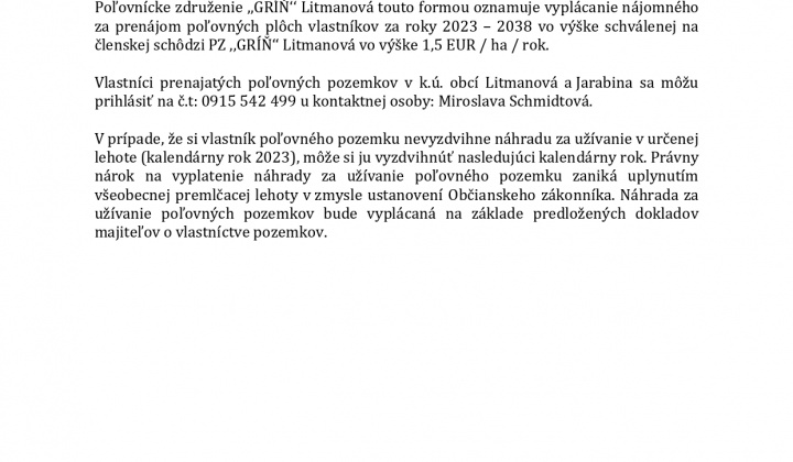 Oznámenie o spôsobe vyplácania nájomného za prenájom poľovných pozemkov vlastníkom v PZ ,,GRÍŇ‘‘ Litmanová za roky 2023 – 2038