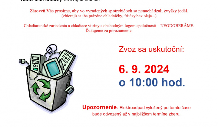 Spoločnosť H+EKO, spol. s r.o. uskutoční v obci zvoz nefunkčných elektrospotrebičov - 06.09.2024 o 10:00 hod.