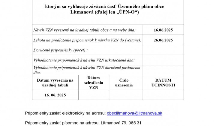 Návrh - VZN 1/2025 ktorým sa vyhlasuje záväzná časť Územného plánu obce Litmanová (ďalej len „ÚPN-O“)