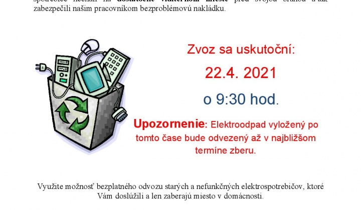 Spoločnosť H+EKO, spol. s r.o. uskutoční v obci zvoz nefunkčných elektrospotrebičov - 22.4. 2021 o 9:30 hod.